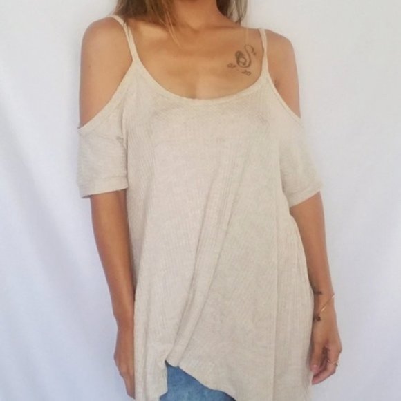 Cream Tan Tunic Waffle Knit Sweater Pullover Cold Shoulder Fall Winter Oversized - Picture 1 of 4